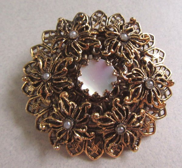 Vintage Mother of Pearl Pin Filigree Flower Pendant Combo 