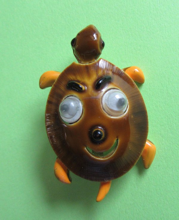 Vintage Anthropomorphic Turtle Pin Google Eyes Signed JJ