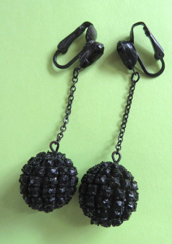 1960's Mod Black Rhinestone Earrings Vintage Jewelry 