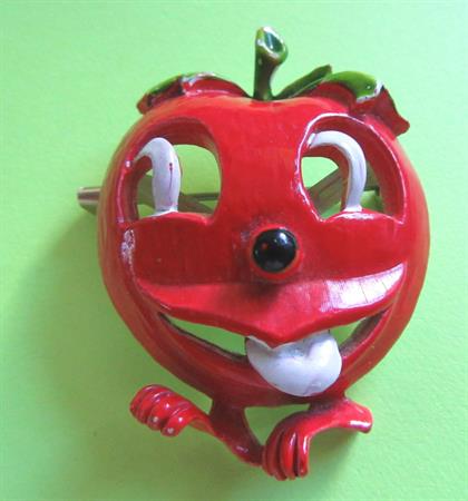 Anthropomorphic Pin RARE Wesco Red Apple Pin Signed Costume Jewelry Figural