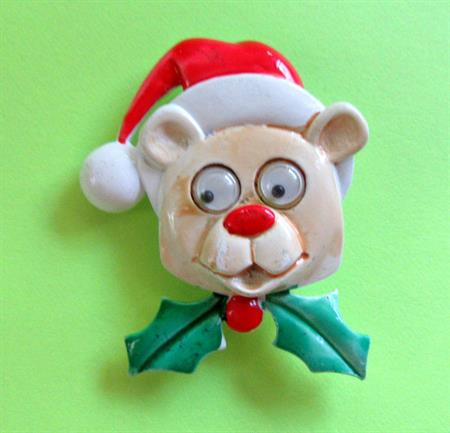 Anthropomorphic Google Eyes Pin Christmas Santa Bear Googly Eyes Vintage Costume jewelry Figural Holiday