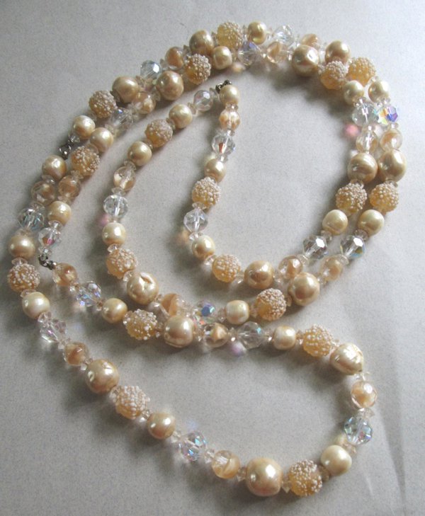 Champagne Art Glass Crystal Necklace Beads  Vintage Jewelry