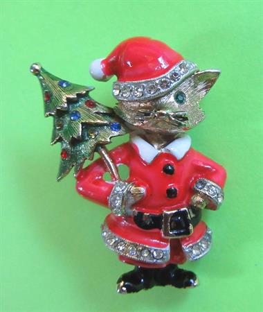 JJ Signed Anthropomorphic Pin Rhinestone Santa Cat with Christmas Tree Vintage Holiday Costume Jewelry Figural