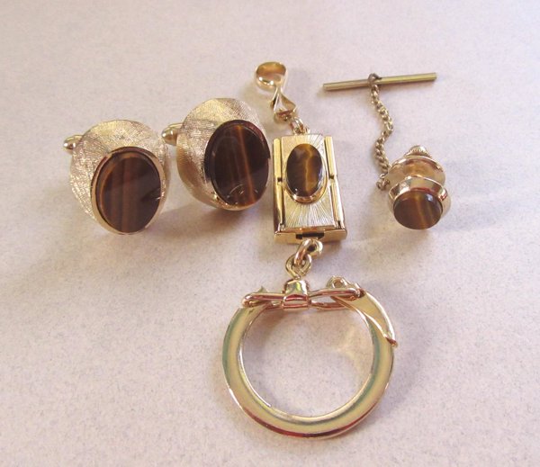 Vintage Dante Tiger Eye Cufflinks Set Keyring  Mens Jewelry 