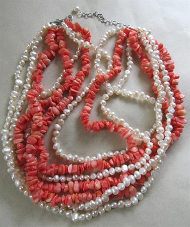 Genuine Coral and Freshwater Pearl Multi Strand Necklace Sterling Silver Clasp Tropical Beach Cruise Wear Fine Jewelry