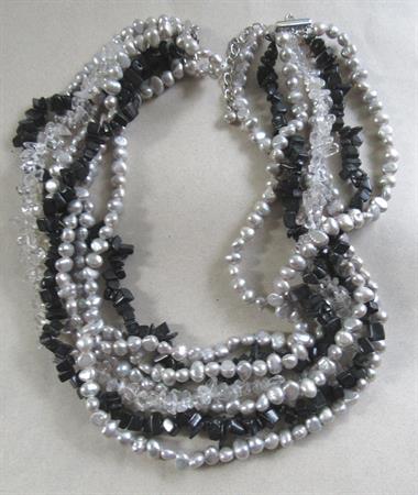 Genuine Freshwater Pearl Onyx Quartz Multi Strand Necklace Sterling Clasp Gray and Black Tropical 