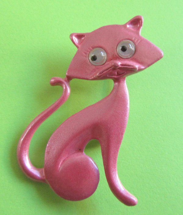 Retro Pink Cat Pin Google Eyes Vintage Jewelry