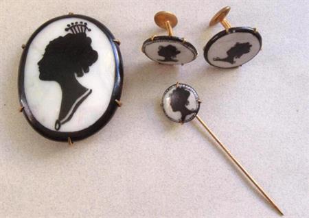 Antique Hand Painted Lady Silhouette Pins Set And Cufflinks 