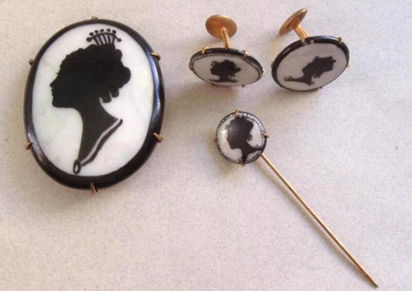 Antique Hand Painted Lady Silhouette Pins Set And Cufflinks 