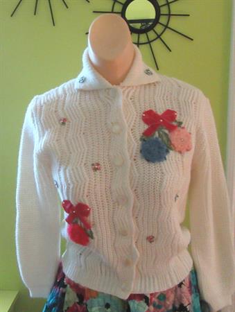 1950's Appliqued Petite Sweater Adele Tag 100% Dupont Orlan Acrylic Never Worn Old Stock Vintage Clothing Cardigan