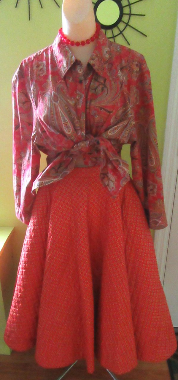 1950's Circle Skirt Red Quilted Ladies Vintage Clothing 