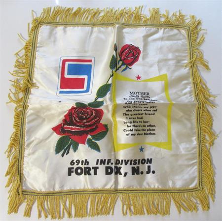 1950s Satin Pillow Sham Mother US Army Fort Dix NJ 69th Infantry Division Home Front Vintage Home Decor Military Memorabilia 