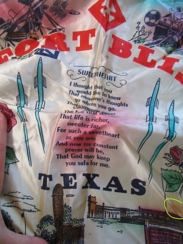 1950s Satin Pillow Sham Fort Bliss Texas US Army Military Memorabilia
