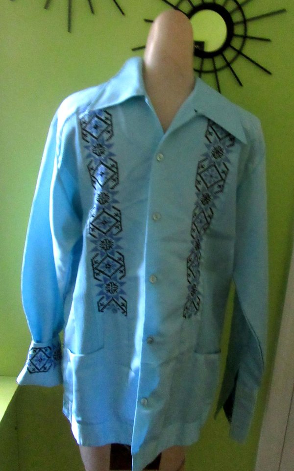 1970's Blue Guayabera Shirt Men's Vintage Clothing