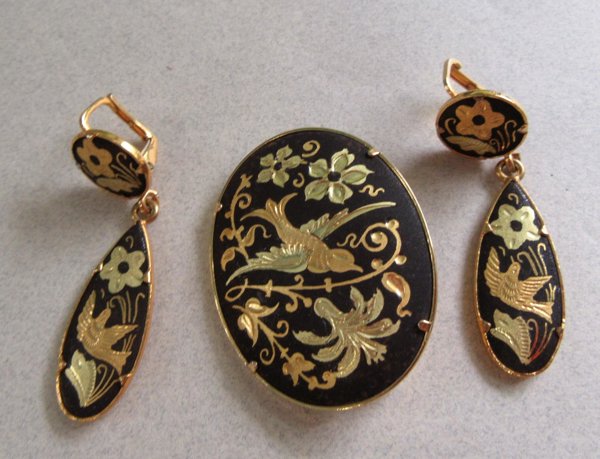 Vintage Damascene Bird Pin Earrings Set 