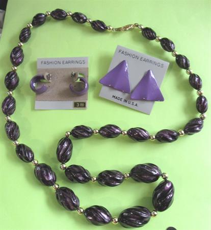 1980's Purple Earrings and Lucite Necklace Vintage Costume Jewelry