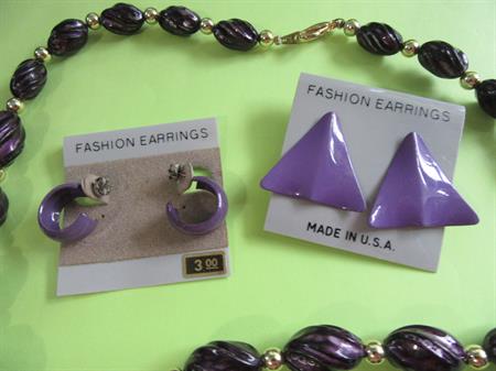 1980's Purple Earrings and Lucite Necklace Vintage Jewelry