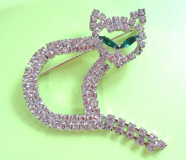 Rhinestone Siamese Cat Pin Articulated Tail 