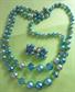 1950's Kramer Aqua Blue Faux Pearl Multi Strand Necklace and Earrings Set Hong Kong Vintage Costume Jewelry