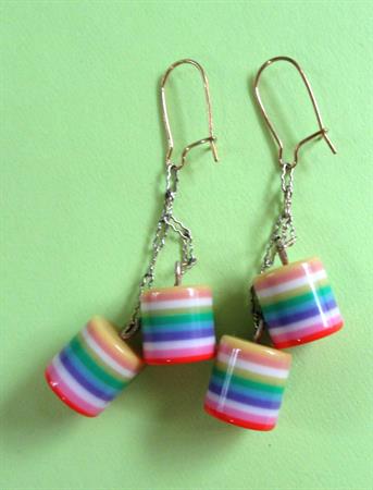 1960's Striped Lucite Barrel Pierced Earrings Rainbow Vintage Costume Jewelry