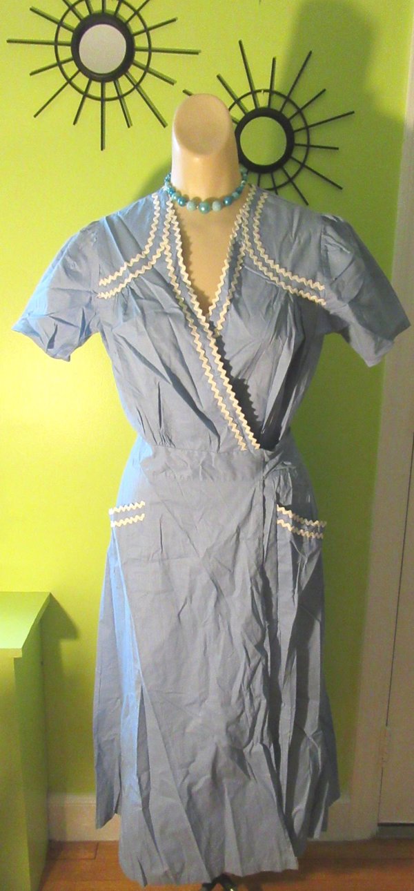 1950's Blue Cotton House Dress Never Worn Vintage Clothing