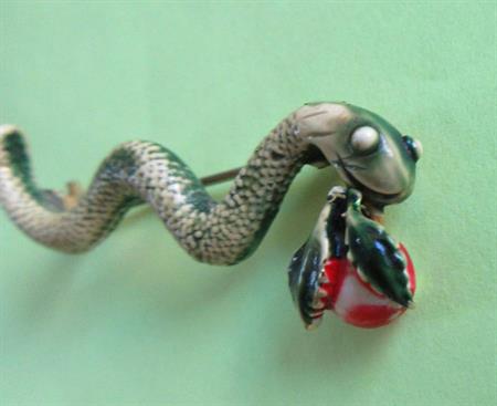 Anthropomorphic Smiling Snake Pin With Apple Serpent Viper Cobra Adam and Eve Garden of Eden Figural