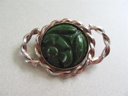 Bakelite Carved Green Pin Brooch Vintage Costume Jewelry