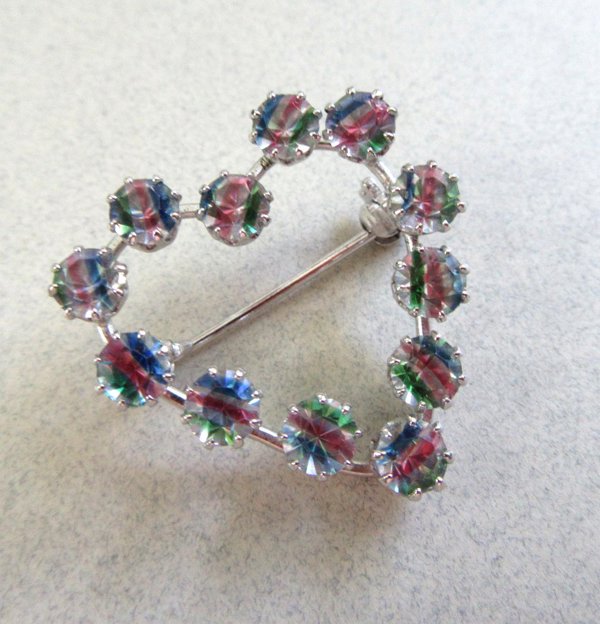 Vintage IRIS Striped Rhinestone Heart Pin Costume Jewelry I Love You Anniversary 