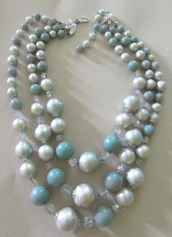1950's Blue Cotton Ball Necklace Japan Vintage Jewelry 