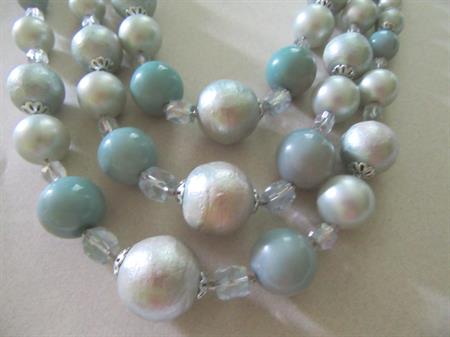 1950's Blue Cotton Ball Necklace Japan Vintage Jewelry 