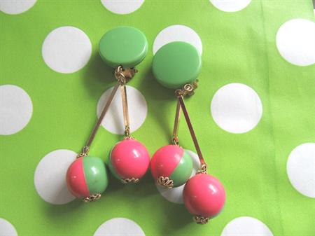 Mod 1960's Western Germany Clip On Ball Earrings Pink and Green '60's Accessories Twiggy Go Go