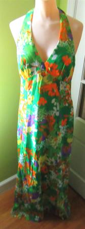 1960's Mod Maxi Halter Cotton Long Dress Gown British Crown Colony Hong Kong Hippie Twiggy Go Go