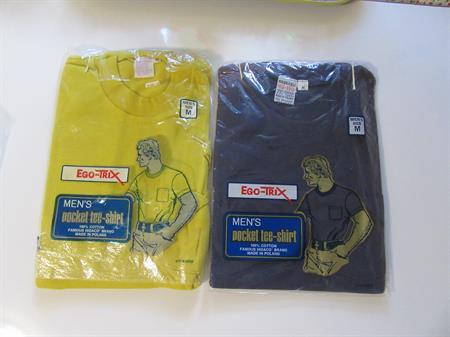 1970s Mens's Ego-Trix Cotton Pocket Tee T-Shirt Yellow or Navy Blue Old Stock Original Package  Vintage Clothing