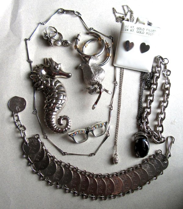 Vintage and Up Jewelry Lot Seahorse Pin Bracelet Earrings Hobe Chain and More