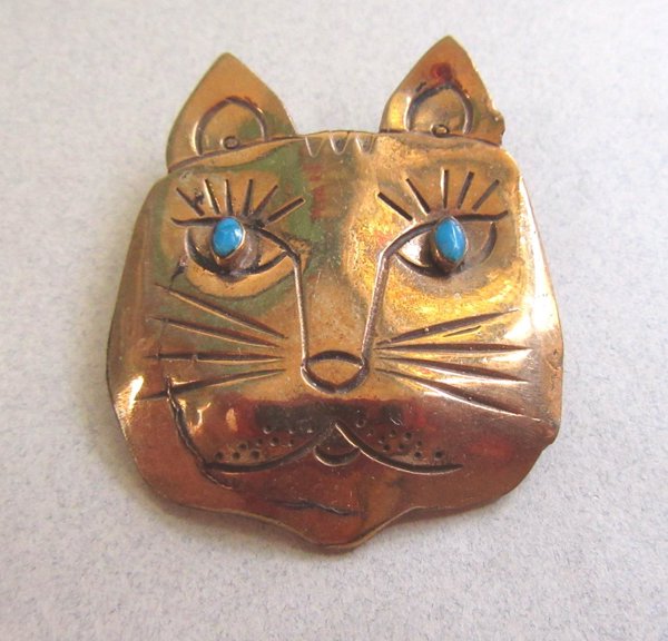 Vintage Copper Cat Pin  Turquoise Eyes 