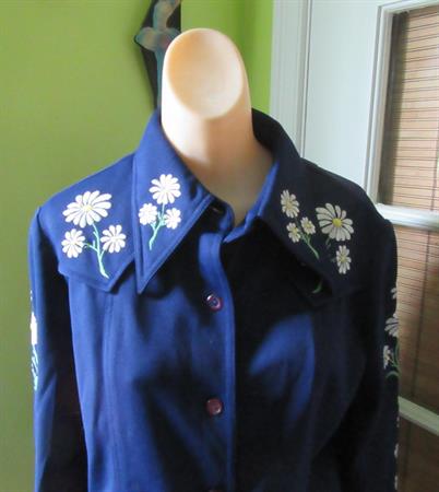 Ladies 1970's Vintage Western Style Embroidered Daisy Jacket Denimites St. Chamond Murjani Polyester Hong Kong '70's Womens Clothing