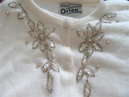 1950's White Beaded Orlon Sweater Ladies Vintage Clothing Sock Hop