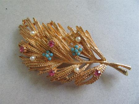 Vintage Rhinestone and Faux Pearl Leaves Pin Costume Jewelry