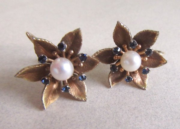 Krementz Pearl Earrings Sapphire Rhinestones Signed Fine Jewelry