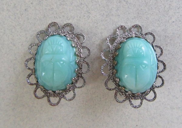 Frederich Glass Scarab Earrings Signed Jewelry Egyptian Revival