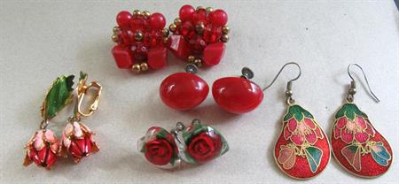 Vintage Red Earrings Lot 1950-'s And Up Lucite Heart Roses Reverse Carved Cloisonné 