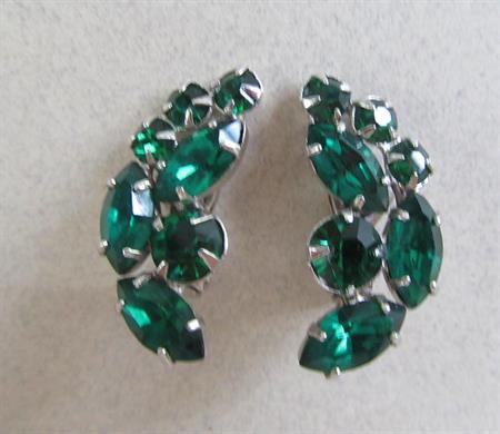 1950's Mid Century Emerald Green Rhinestone Earrings Unsigned Vintage Costume Jewelry '50's Accessories