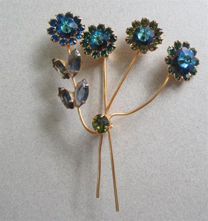 Vintage Blue Rhinestone Flower Pin Costume Jewelry