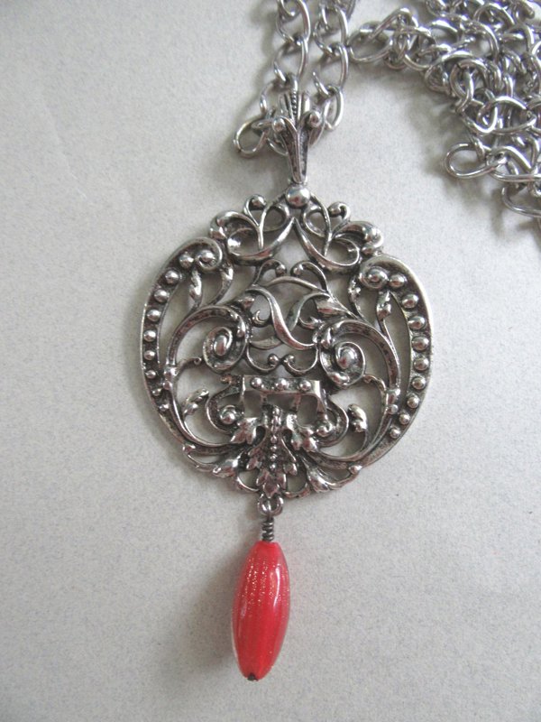 Filigree Necklace Red Glass Bead Renaissance Style Jewelry