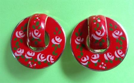 1950's Mid Century Red Floral Clip On Earrings Vintage Costume Jewelry '50's Accessories