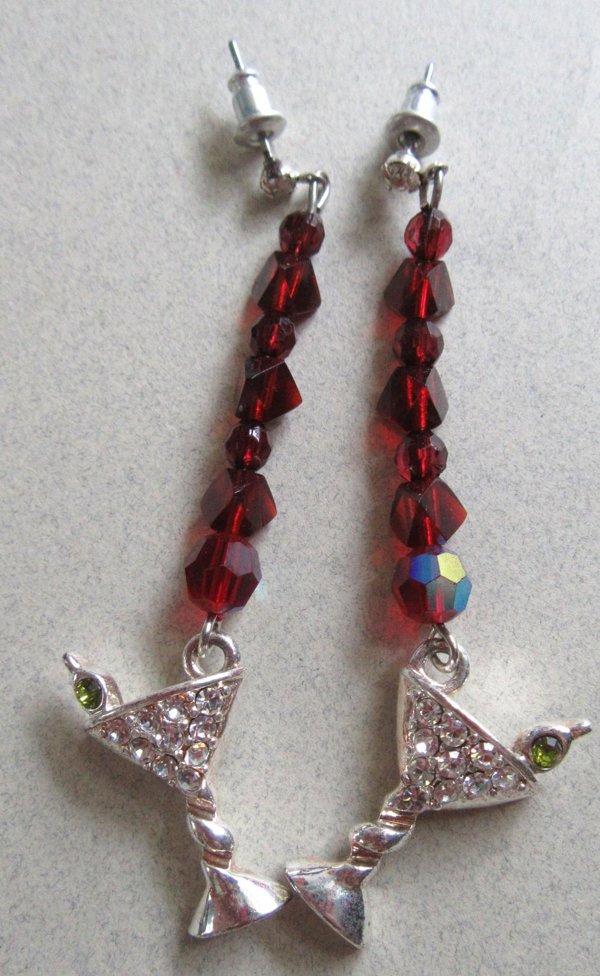 Red Crystal Rhinestone Martini Earrings Bartender Gift 