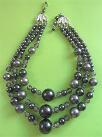 1950's Grey Multi Strand Necklace Japan Glass Beads Vintage Costume Jewelry '50's Accessories