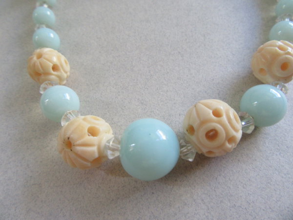 Carved Bone and Glass Necklace Jewelry Making Repurpose