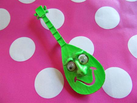 Anthropomorphic Google Eyes Pin Mod Neon Green Guitar Brooch Googly Signed JJ Jonette Vintage Costume Jewelry Figural