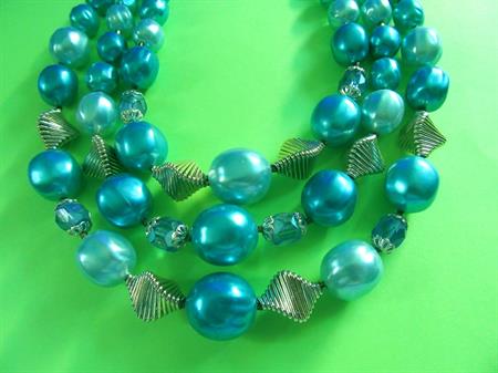 1950's Mid Century Modern Electric Blue Multi Strand Necklace Crystals and Metal Wavy Beads MCM Vintage Costume Jewelry '50's Avvess